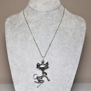 Silver Cat Pendant Necklace With Crystals